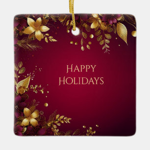 Burgundy Red Gold Flowers Holiday Ornament