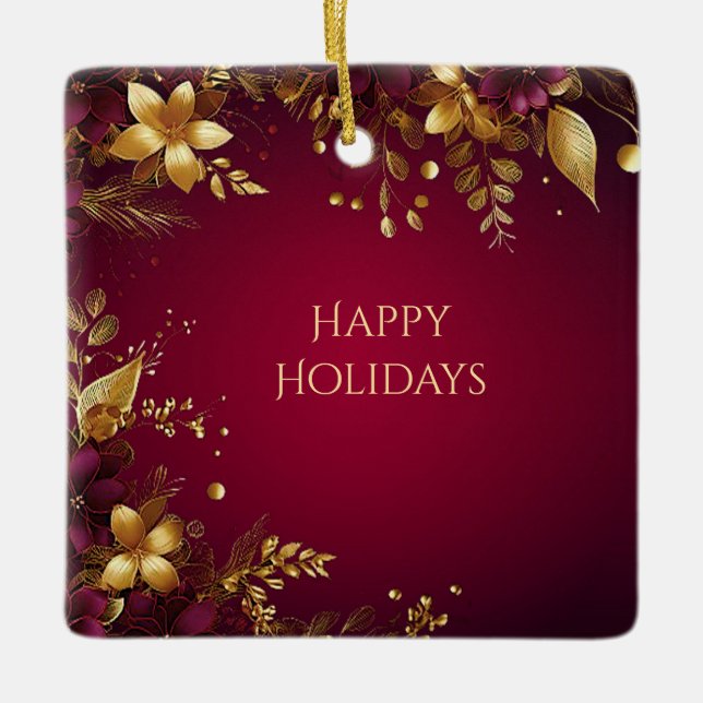 Burgundy Red Gold Flowers Holiday Ornament (Front)