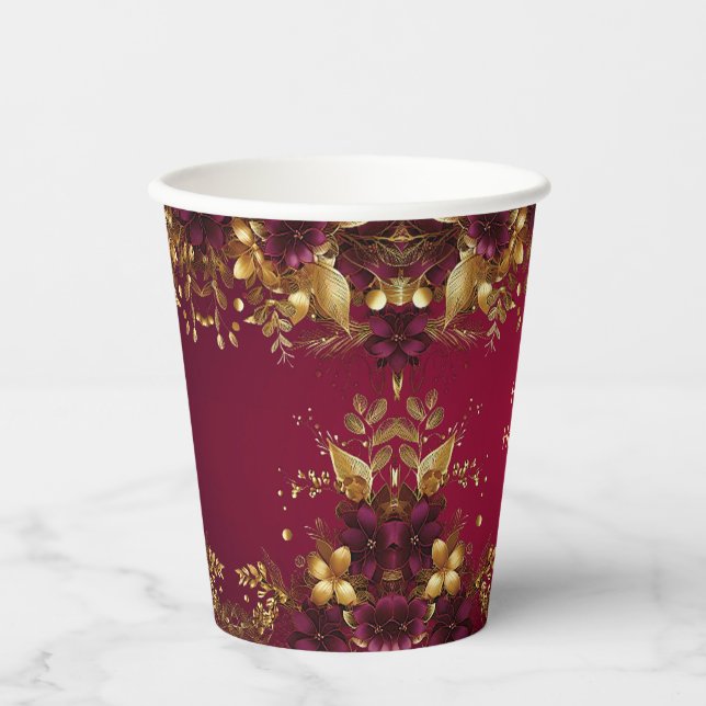 Burgundy Red Gold Flowers Holiday Paper Cups (Front)