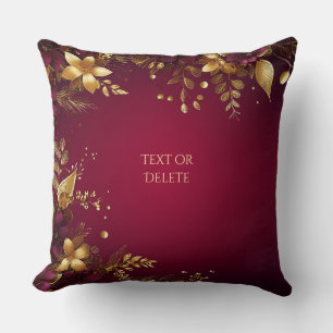 Burgundy Red Gold Flowers Holiday Throw Pillow