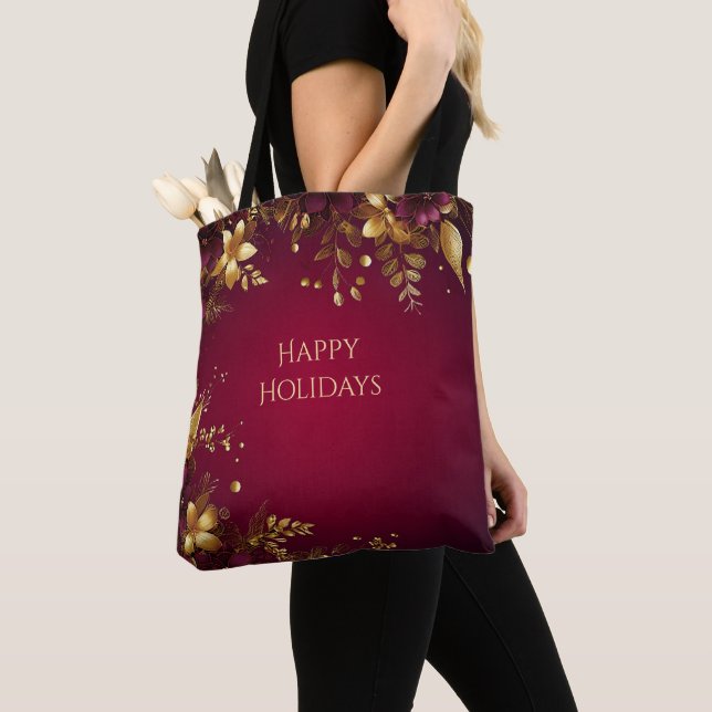 Burgundy Red Gold Flowers Holiday Tote Bag (Close Up)