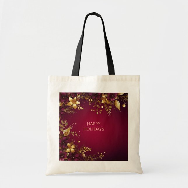 Burgundy Red Gold Flowers Holiday Tote Bag (Front)