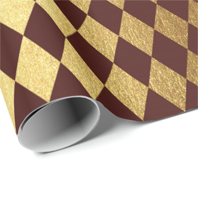 Burgundy Red Gold Geometry Chessboard Diamond Cut Wrapping Paper (Roll Corner)