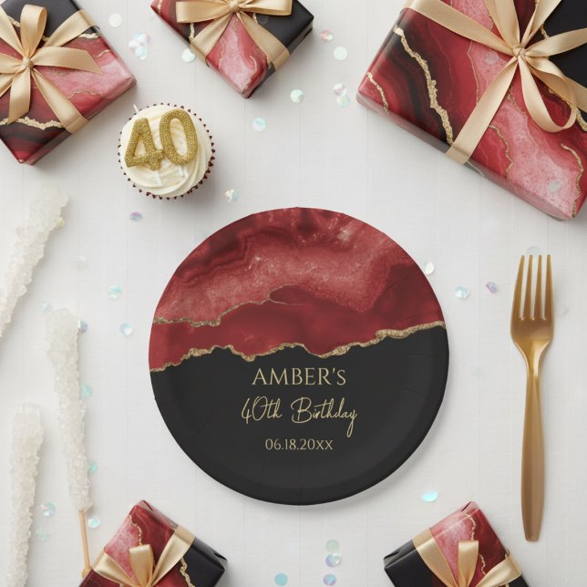 Burgundy Red Gold Glitter Abstract Watercolor Paper Plate (Creator Uploaded)