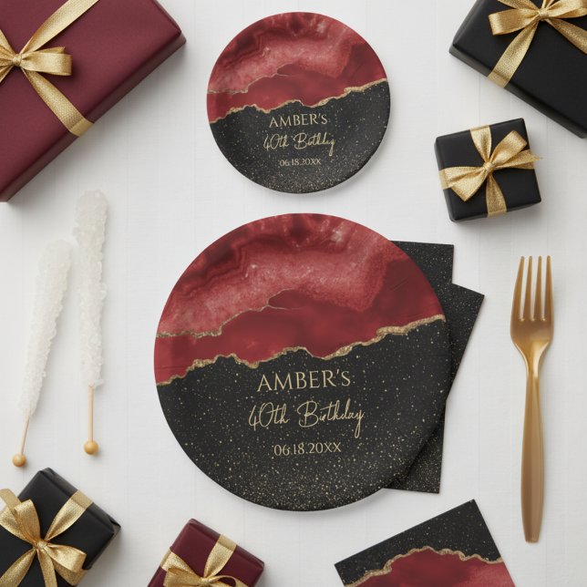 Burgundy Red Gold Glitter Abstract Watercolor Paper Plate (Creator Uploaded)