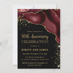 Burgundy Red & Gold Glitter Agate 50th Anniversary Invitation
