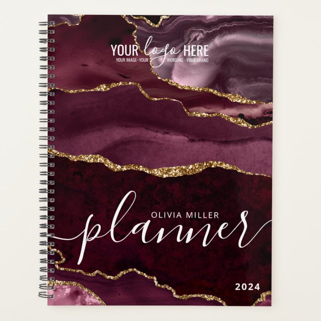 Burgundy Red Gold Glitter Agate Business Logo Planner (Front)