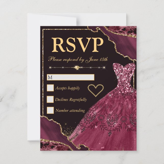 Burgundy Red & Gold Glitter Agate & Dress Sweet 16 RSVP Card (Front)