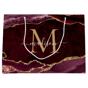Burgundy Red Gold Glitter Agate Geode Monogram Large Gift Bag