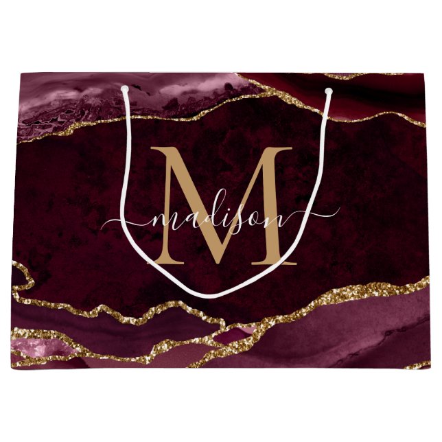 Burgundy Red Gold Glitter Agate Geode Monogram Large Gift Bag (Front)