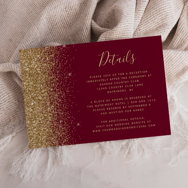 Burgundy Red Gold Glitter Edge Wedding Details Enclosure Card (Creator Uploaded)