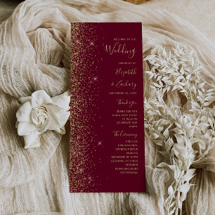 Burgundy Red Gold Glitter Edge Wedding Program