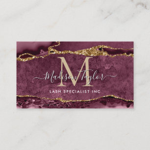 Burgundy Red Gold Glitter Marble Agate Monogram Business Card