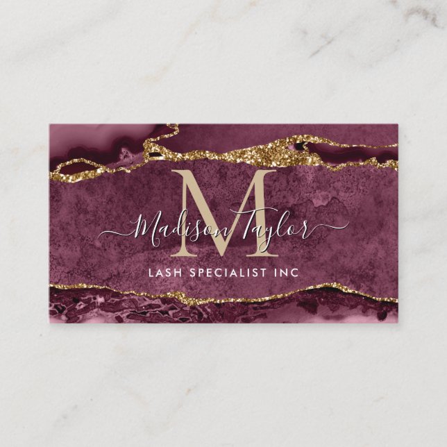 Burgundy Red Gold Glitter Marble Agate Monogram Business Card (Front)