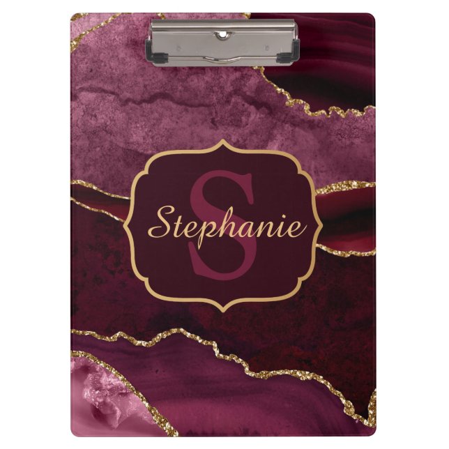 Burgundy Red & Gold Glitter Marble Agate Monogram Clipboard (Front)