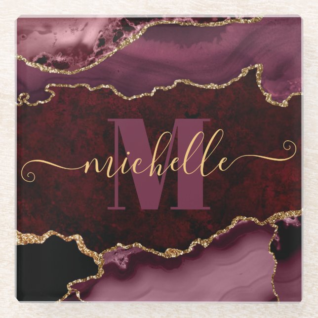 Burgundy Red & Gold Glitter Marble Agate Monogram Glass Coaster (Front)