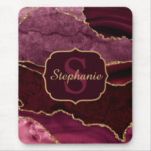 Burgundy Red & Gold Glitter Marble Agate Monogram Mouse Mat