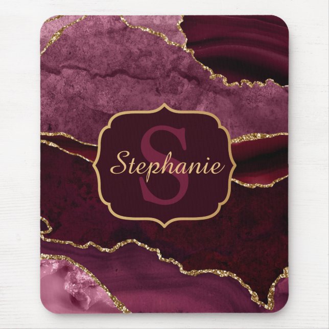 Burgundy Red & Gold Glitter Marble Agate Monogram Mouse Mat (Front)