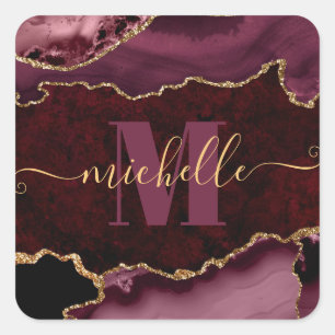 Burgundy Red & Gold Glitter Marble Agate Monogram Square Sticker