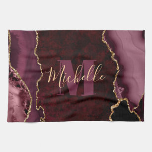 Burgundy Red & Gold Glitter Marble Agate Monogram Tea Towel