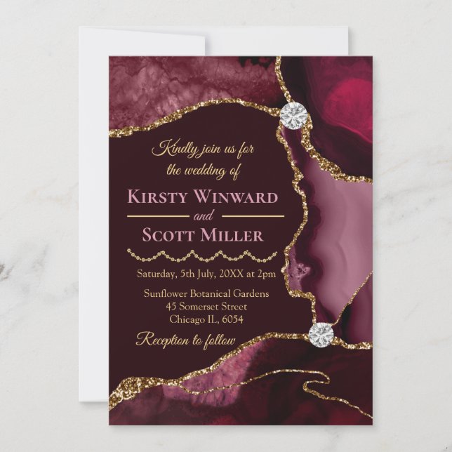 Burgundy Red & Gold Glitter Marble Agate Wedding Invitation (Front)