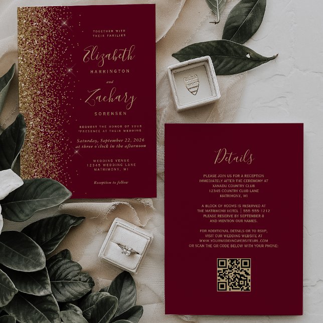 Burgundy Red Gold Glitter QR Code Wedding Invitation (Creator Uploaded)