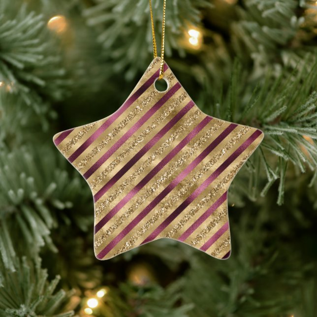 Burgundy Red Gold Glitter Stripes             Ceramic Tree Decoration (Tree)
