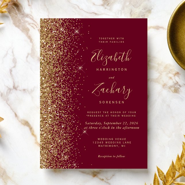 Burgundy Red Gold Glitter Wedding Invitation (A perfect choice for a burgundy and gold themed wedding.)