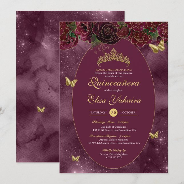Burgundy Red Gold Luxury Butterfly Quinceanera Invitation (Front/Back)