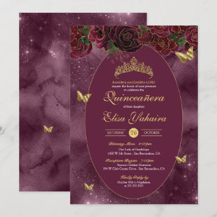 Burgundy Red Gold Luxury Butterfly Quinceanera Invitation