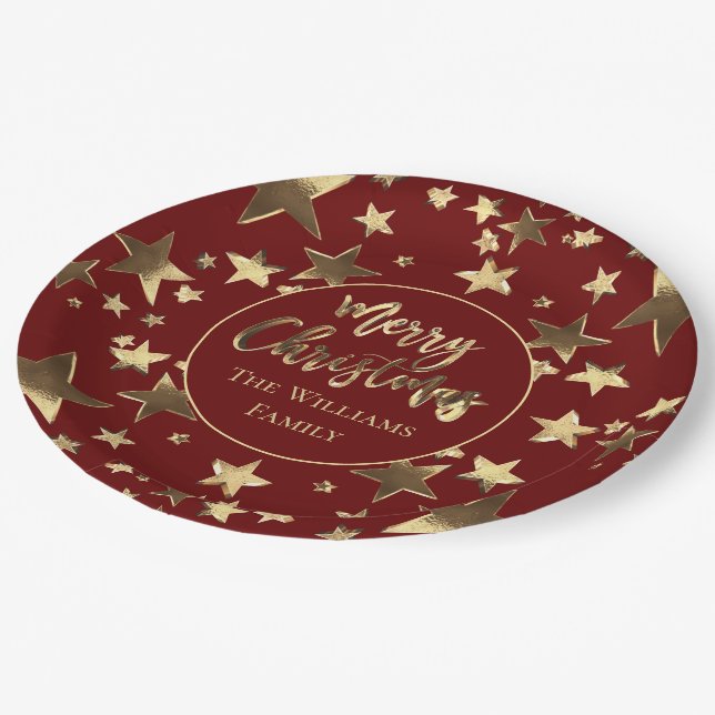 Burgundy Red Gold Merry Christmas Stars Elegant Paper Plate (Angled)