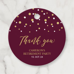 Burgundy Red & Gold Modern Retirement Thank you Favour Tags