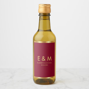 Burgundy Red Gold Monogram Text Save the Date Wine Label