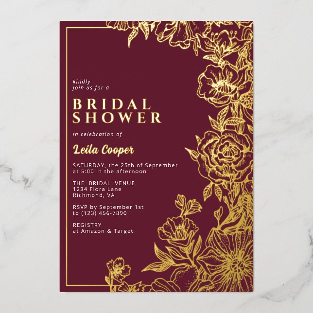 Burgundy Red + Gold | Ornate Maroon Bridal Shower (Front)