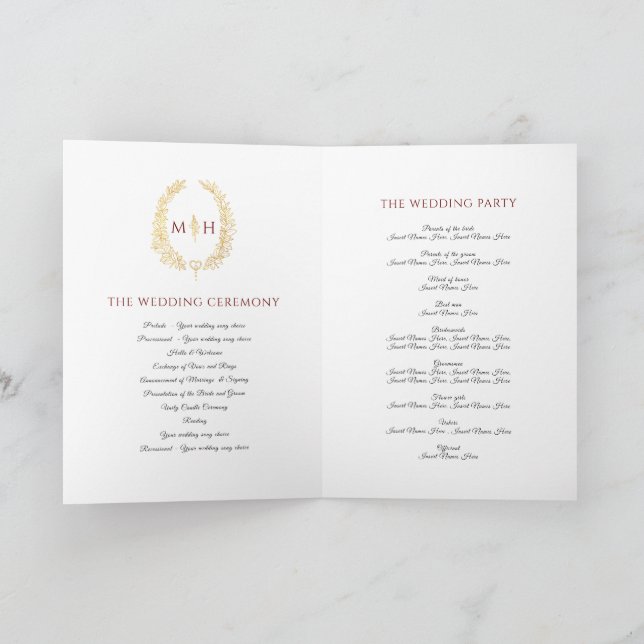 Burgundy red gold oval leaf monogram art wedding programme (Inside)