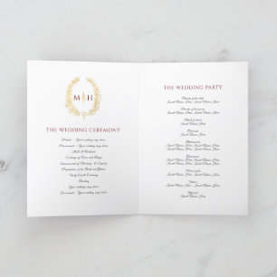 Burgundy red gold oval leaf monogram art wedding programme