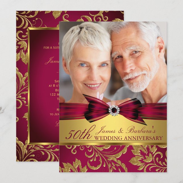 Burgundy Red Gold Photo 50th Wedding Anniversary Invitation (Front/Back)