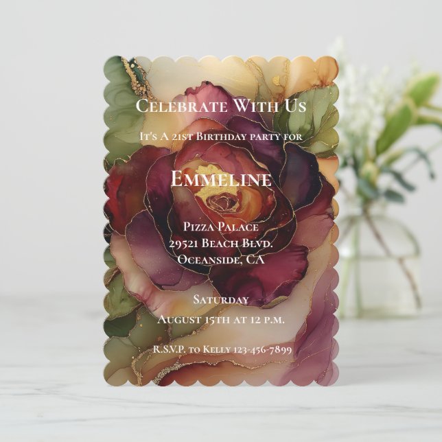 Burgundy Red Gold Rose Floral Birthday Invitation (Standing Front)