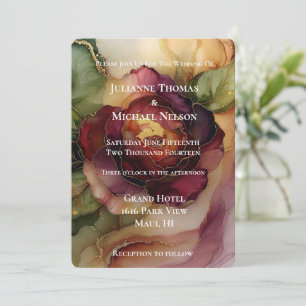 Burgundy Red Gold Rose Floral Wedding II Invitation