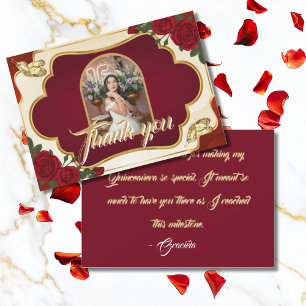 Burgundy Red & Gold Rose Quinceañera Photo Thank You Card