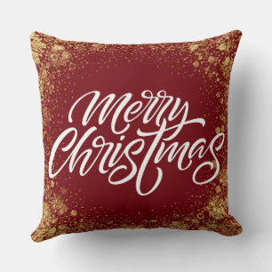 Burgundy Red Gold Simple Merry Christmas Cushion