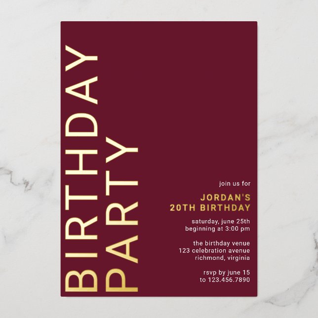 Burgundy Red & Gold | Sleek Modern Maroon Birthday (Front)
