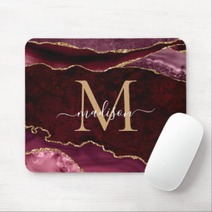 Burgundy Red Gold Sparkle Agate Geode Monogram Mouse Mat