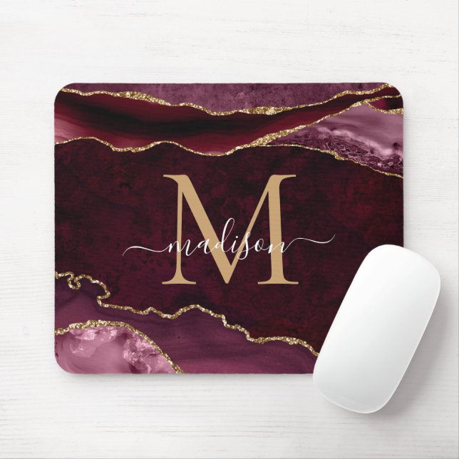Burgundy Red Gold Sparkle Agate Geode Monogram Mouse Mat (With Mouse)