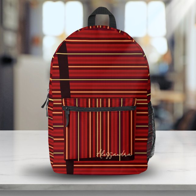 Burgundy Red Gold Stripe Wave Pattern Custom Name Printed Backpack (Creator Uploaded)