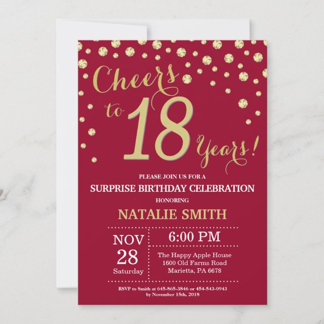 Burgundy Red Gold Surprise 18th Birthday Diamond Invitation (Front)