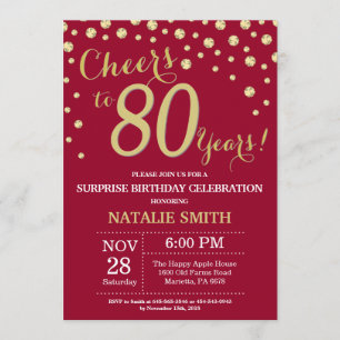 Burgundy Red Gold Surprise 80th Birthday Diamond Invitation