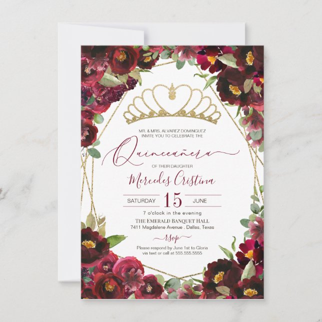 Burgundy Red Gold Watercolor Floral Quinceañera In Invitation (Front)