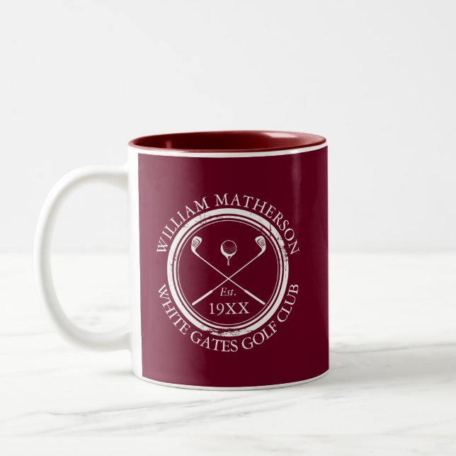 Burgundy Red Golf Club Name Personalised Two-Tone Coffee Mug (Left)