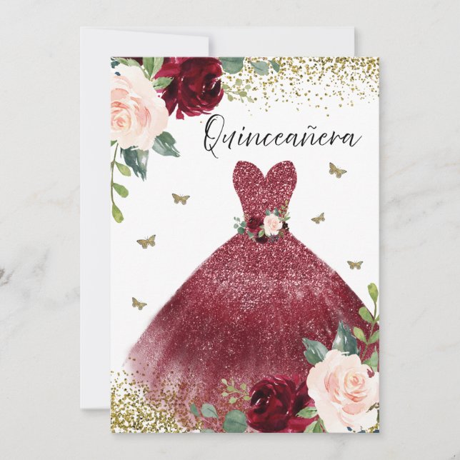 Burgundy Red Gown Dress Blush Floral Quinceanera Invitation (Front)